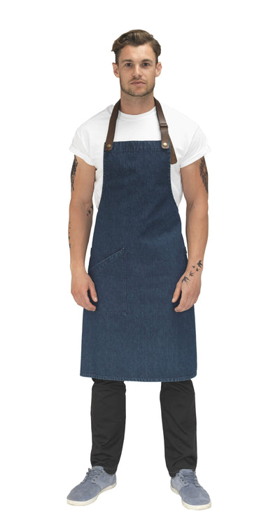 Le Chef De110 Statement Denim Bib Apron With Leather Neck Strap Indigo