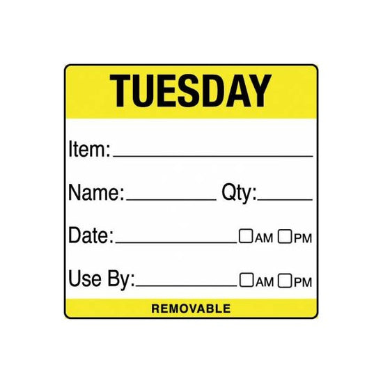 Removable Food Rotation Label 50mm X 50mm (Roll Of 500) Tuesday/Yellow