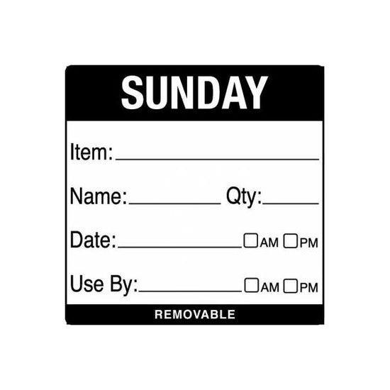 Removable Food Rotation Label 50mm X 50mm (Roll Of 500) Sunday/Black