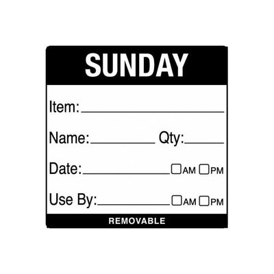 Removable Food Rotation Label 50mm X 50mm (Roll Of 500) Sunday/Black