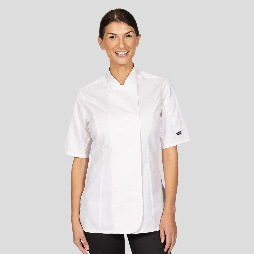 Lady's Chefs Jacket Short Sleeves White With New Capped Studs