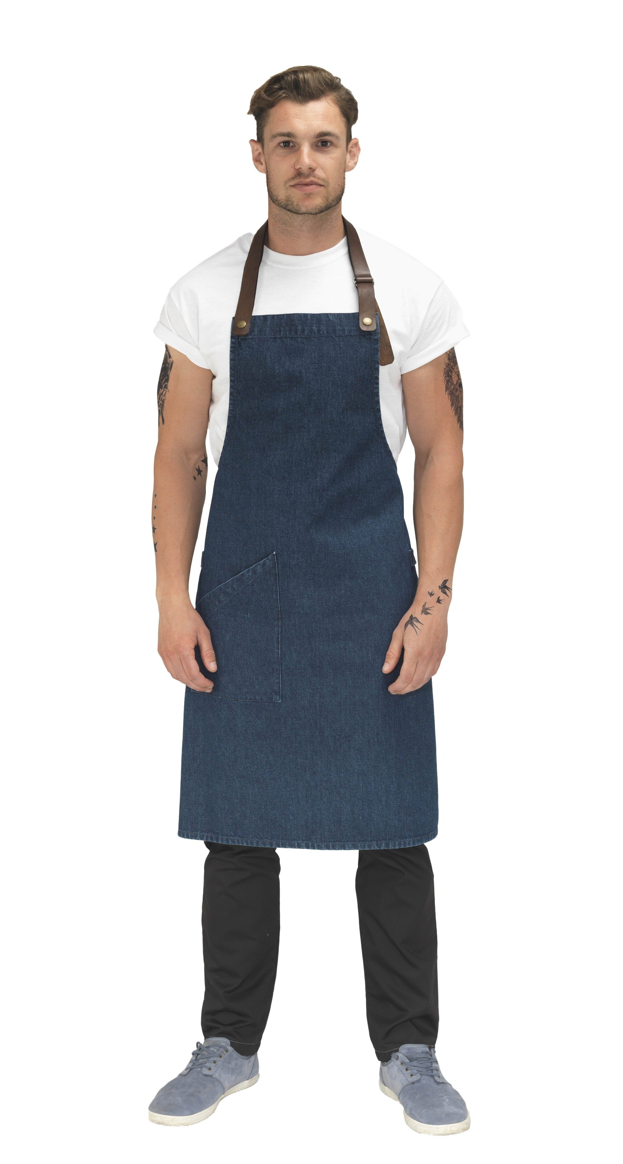 Le Chef DE110 Statement Denim Bib Apron With Leather Neck Strap