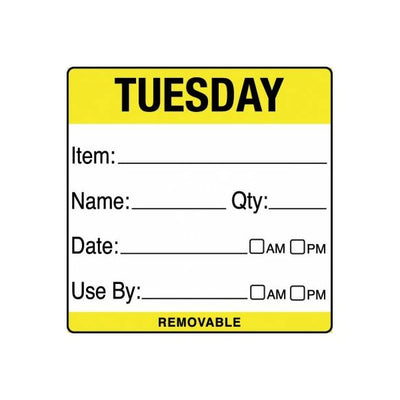 Removable Food Rotation Label 50mm X 50mm (Roll Of 500) Tuesday/Yellow