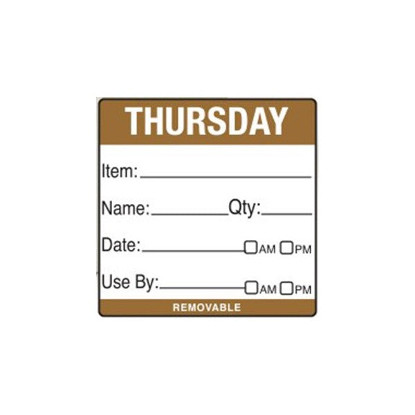 Removable Food Rotation Label 50mm X 50mm  (Roll Of 500) Thursday/Brown