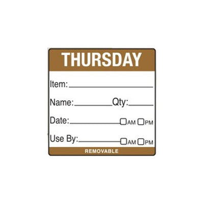 Removable Food Rotation Label 50mm X 50mm  (Roll Of 500) Thursday/Brown