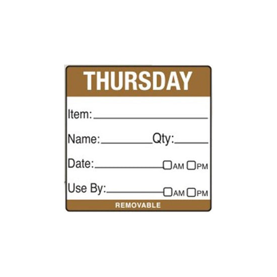 Removable Food Rotation Label 50mm X 50mm  (Roll Of 500) Thursday/Brown
