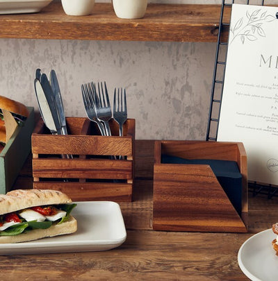 Genware Acacia Wood 2 Compartment Cutlery Holder